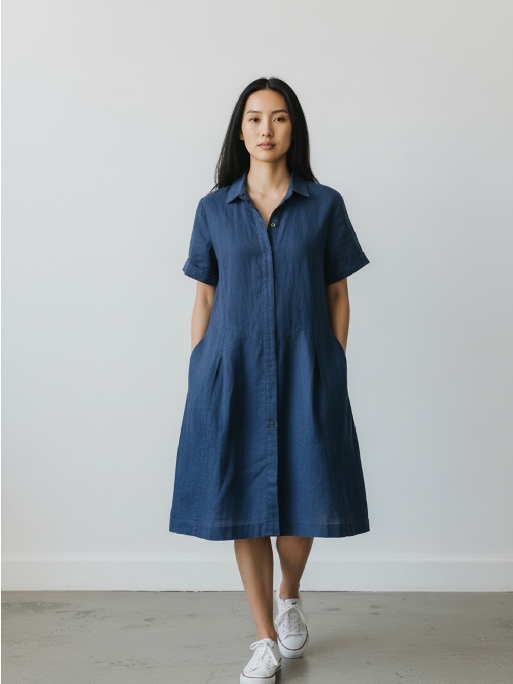 Women's J.Jill Love Linen Navy Blue Short Sleeve Button Front Dress Size Small